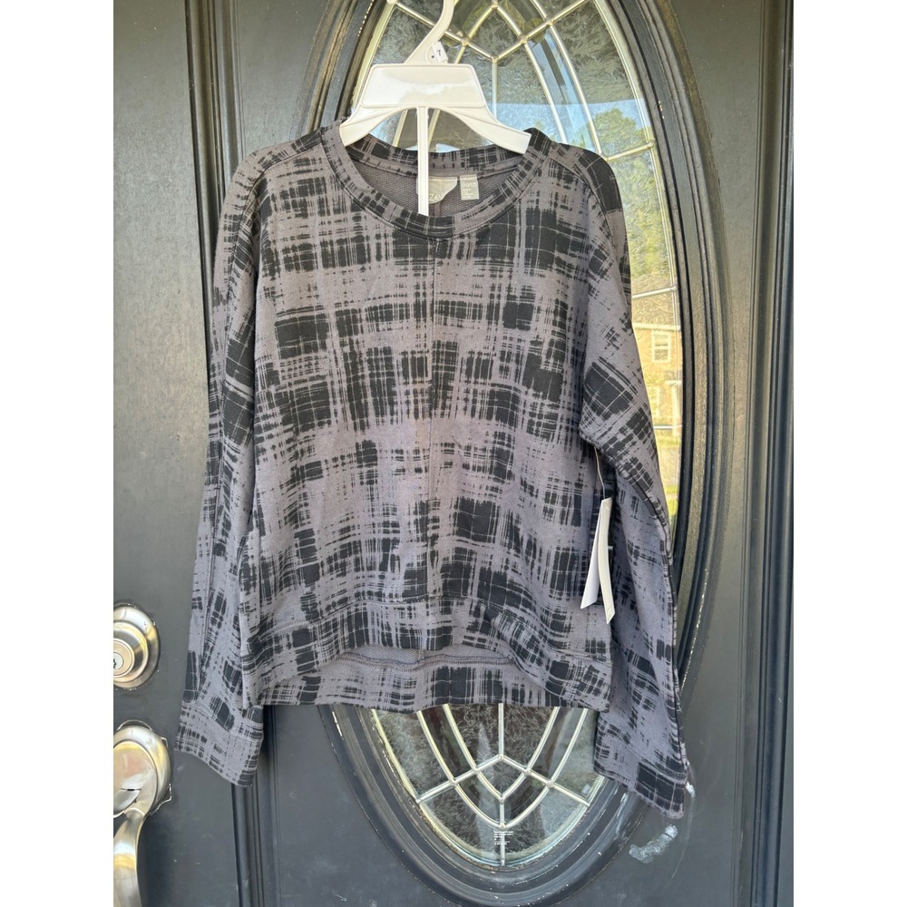 Zella Girl All Day Sweatshirt‎ Gray Black Grid Print Crew Neck Large 10/12 NWT